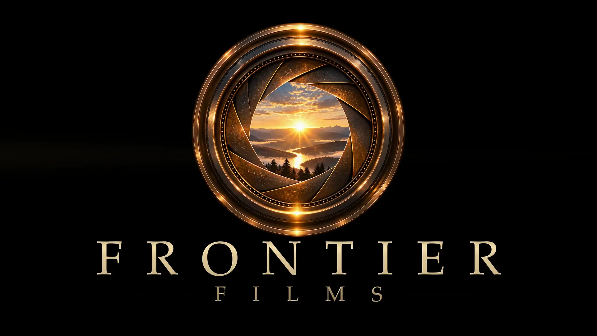 Frontier Films — golden lens framing a mountain sunrise